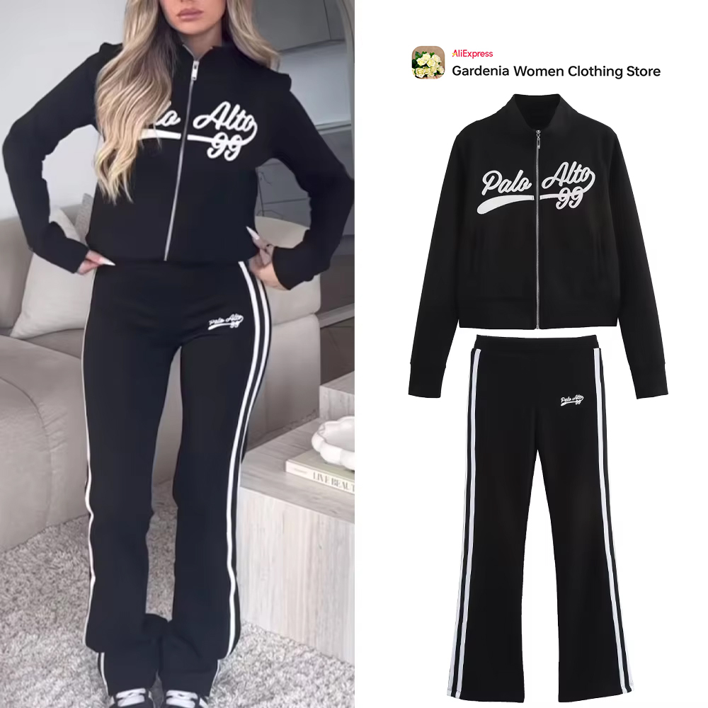 Winter Clothing Online - Conjunto esportivo universitário preto casual feminino,